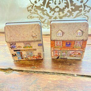 2 1988 Vintage Dana Kubick Hunkydory Metal Tins General Store Post Office Bakery
